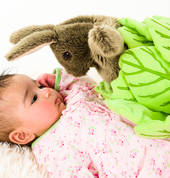 Lucy in the cabbage patch with the bunnykins