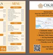A two-panel Okra Cafe & Restaurant flyer: one side is a full menu (breakfast, wraps, mains, burgers, pasta, sides with prices), the other side has location details, a Google Maps snippet, restaurant highlights, and a QR code for WhatsApp ordering.