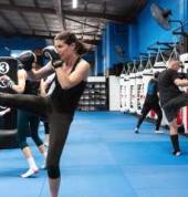 Fitness Kickboxing is our group fitness class. There is no contact between students, its all about cardio and strength training