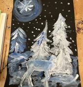 Teaching children in my studio about 3D . And using just blue and white on black paper! Used watercolour paints