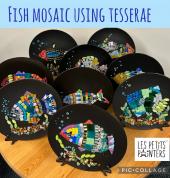 Mosaic project by kids 5-9 years old using mosaic tesserae pieces