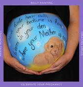Beautiful pregnant belly painting of a sleepy bear cub with one eye open inspired by the art of illustrator John Butler.