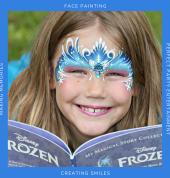 Face painting design of a frozen inspired princess crown in shades of blue with snowflakes and swirls by Brisbane face painter Beth Joyce
