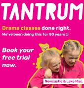 Text reads: Tantrum, Drama Classes done right. We've been doing this for 50 years. Book at free trial now.