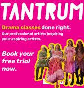Text reads: Tantrum,Drama Classes done right. Our professional artists inspiring young aspiring artist.. Book at free trial now.