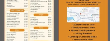 A two-panel Okra Cafe & Restaurant flyer: one side is a full menu (breakfast, wraps, mains, burgers, pasta, sides with prices), the other side has location details, a Google Maps snippet, restaurant highlights, and a QR code for WhatsApp ordering.