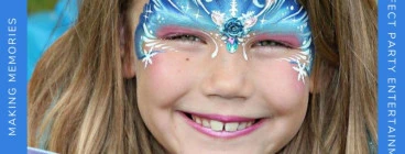 Face painting design of a frozen inspired princess crown in shades of blue with snowflakes and swirls by Brisbane face painter Beth Joyce
