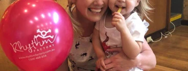 Miss Karen and student Willow at the Rhythm Factory Family & Friends Concert Day