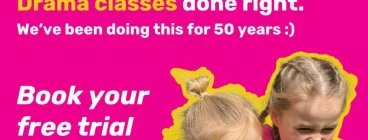 Text reads: Tantrum, Drama Classes done right. We've been doing this for 50 years. Book at free trial now.