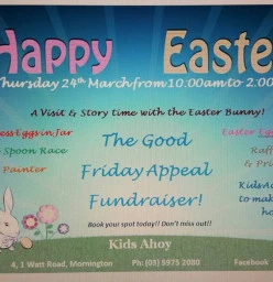 A fun day is expected... Easter bunny will come visit and even sit and listen to a story.  He will then race you in the egg & spoon race then have a play on the equipment. Then before he says goodbye he'll organise the egg hunt. There will be lots of othe