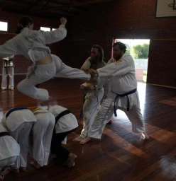 Young lady doing a flying kick over students and through a wooden board.