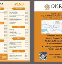A two-panel Okra Cafe & Restaurant flyer: one side is a full menu (breakfast, wraps, mains, burgers, pasta, sides with prices), the other side has location details, a Google Maps snippet, restaurant highlights, and a QR code for WhatsApp ordering.