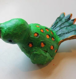 Clay Fantastic Bird sculpture, 10 cm, painted with acrylic paint, 6 years
