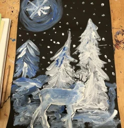 Teaching children in my studio about 3D . And using just blue and white on black paper! Used watercolour paints