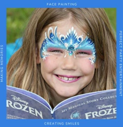 Face painting design of a frozen inspired princess crown in shades of blue with snowflakes and swirls by Brisbane face painter Beth Joyce