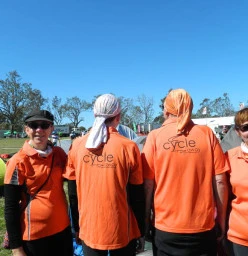 Our Cycle Away Team showing off their new snoods (head scarf/bandana).