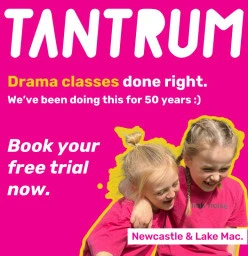 Text reads: Tantrum, Drama Classes done right. We've been doing this for 50 years. Book at free trial now.